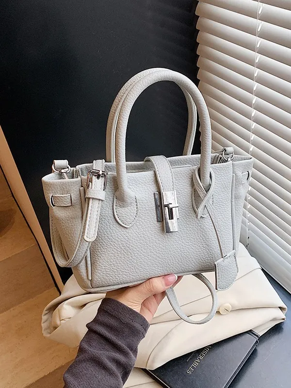 Fashion Lychee Texture PU Leather Bucket Bag For Women Trendy Simple Silver Hardware Handbag Daily Crossbody Shoulder Bag