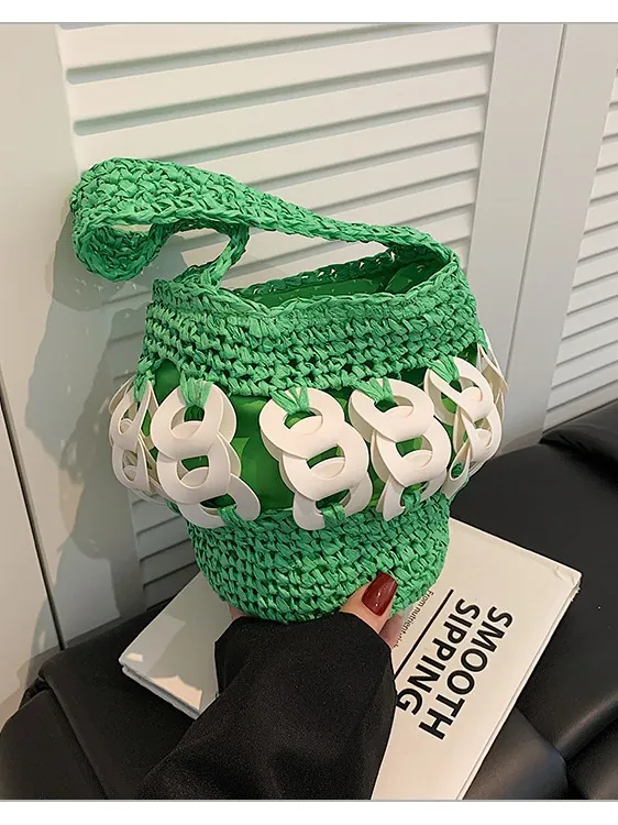Handmade Woven Straw Bucket Bag For Women Fashion Summer Beach Vacation Handbag With Resin Ring Decoration Portable Casual Tote Bag