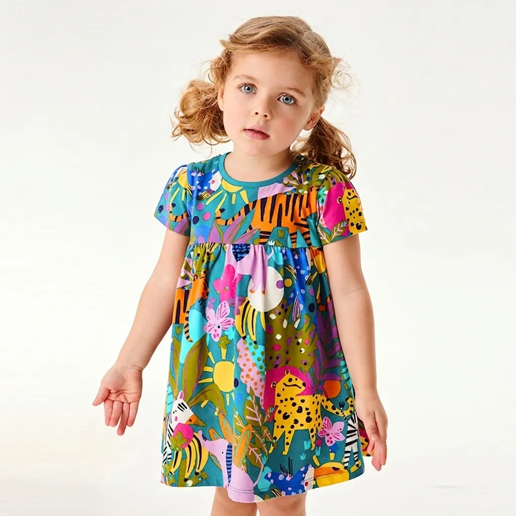 Girls Summer Cotton Dress Cartoon Jungle Animal Print Round Neck Short Sleeve A-Line Princess Dress For Kids Daily Wear