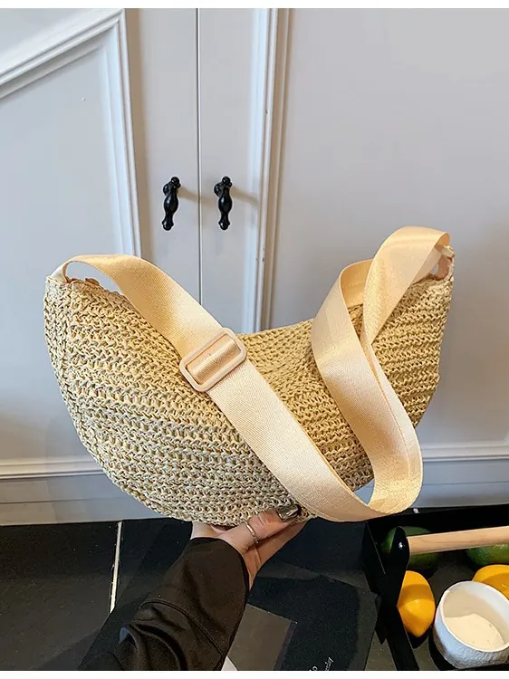 Bohemian Woven Straw Crossbody Bag For Women Summer Beach Vacation Half Moon Dumpling Shape Shoulder Bag Adjustable Strap