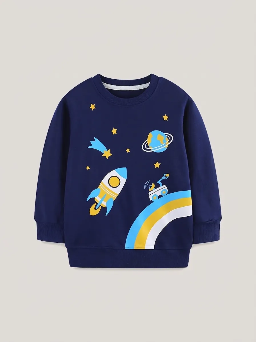 Sweat-shirt Mode Garçon Bleu Marine Imprimé Fusée Spatiale Manches Longues Coton Décontracté Col Rond Haut pour Enfants