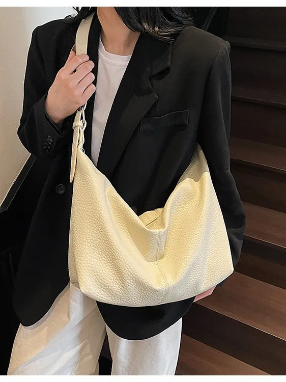 Women Vintage Large Capacity Hobo Shoulder Bag Niche Minimalist Solid Color PU Leather Commuter Tote Crossbody Bag