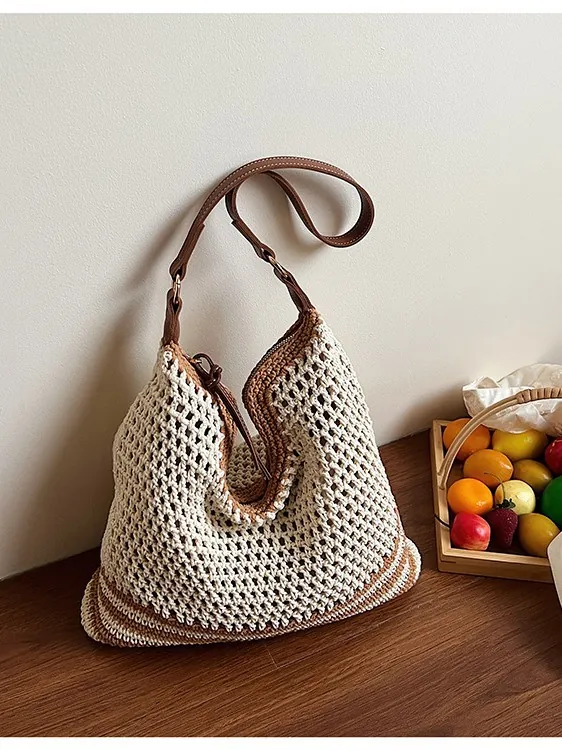 Women Fashion Hollow Out Straw Woven Shoulder Bag Large Capacity Summer Beach Tote Casual Hobo Purse With PU Leather Strap