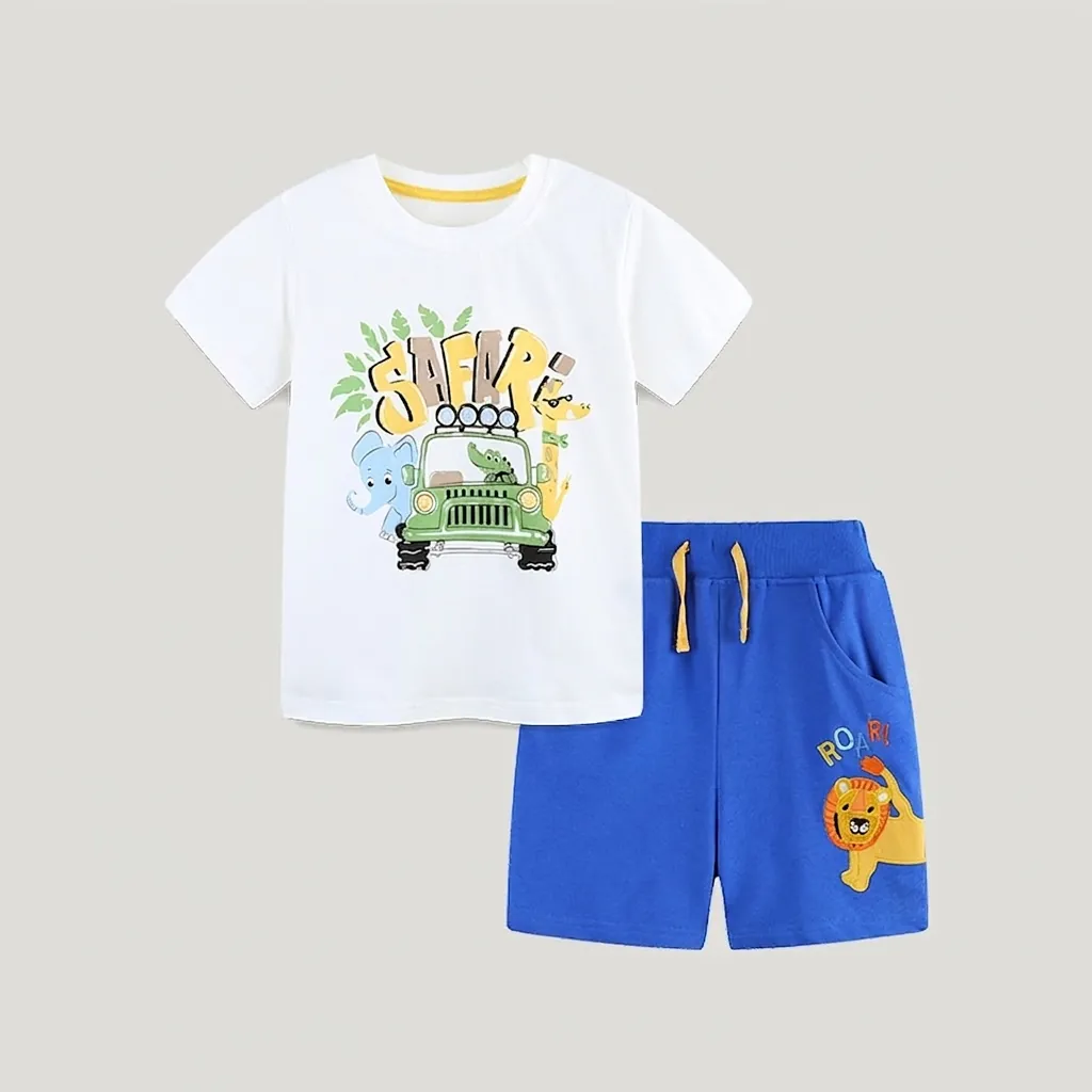 Cotton Boys Summer Short Sleeve Top And Shorts Outfit Cartoon Safari Animal Printed Casual Children Clothing Combination