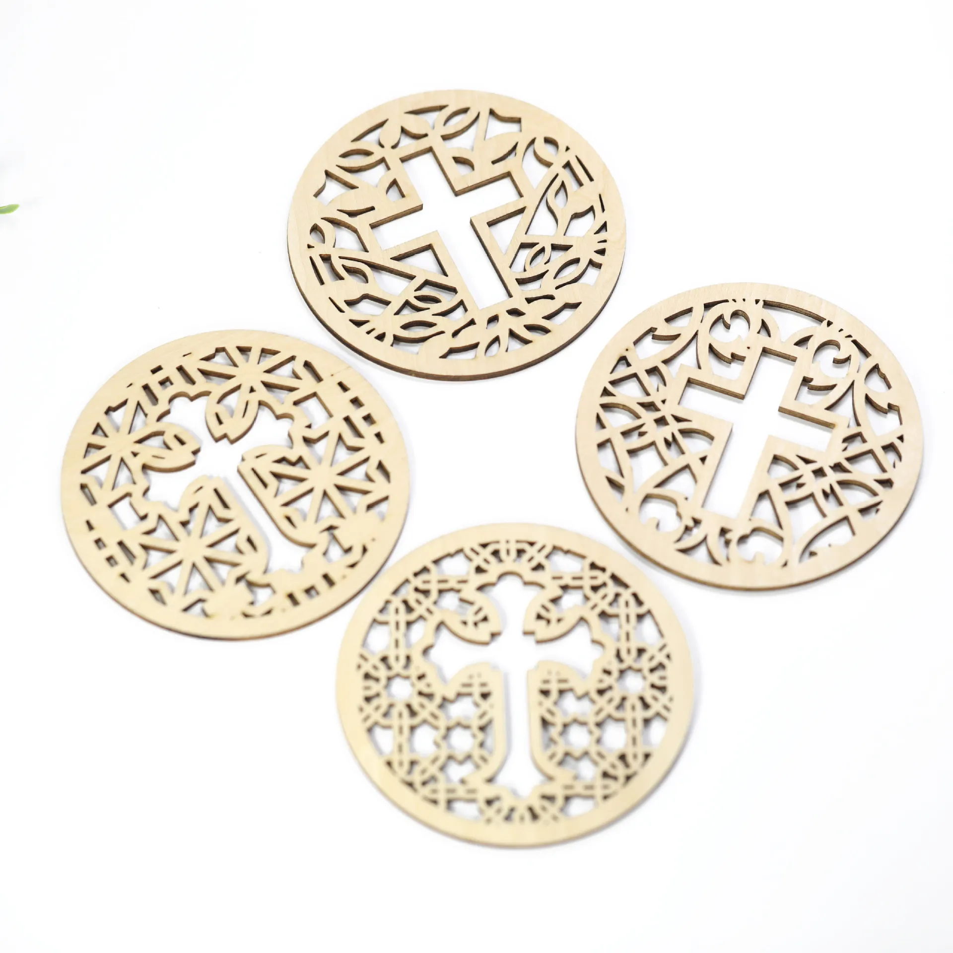 Wooden Coasters Laser Cut Hollow Out Cross Pattern Heat Insulated Table Mats Religious Easter Home Decoration Ornaments