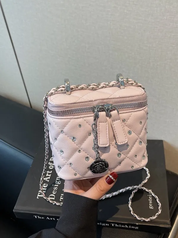 Borsa a Tracolla Mini in Pelle PU Trapuntata da Donna Catena con Strass Borsa a Spalla Piccola Quadrata Vanity Case con Pendente a Rosa Elegante