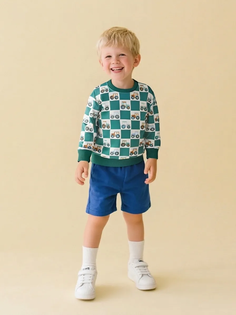 Boys Cartoon Tractor Printed Sweatshirt Checkerboard Green White Long Sleeve Pullover Soft Fabric Casual Kids Fashion Top