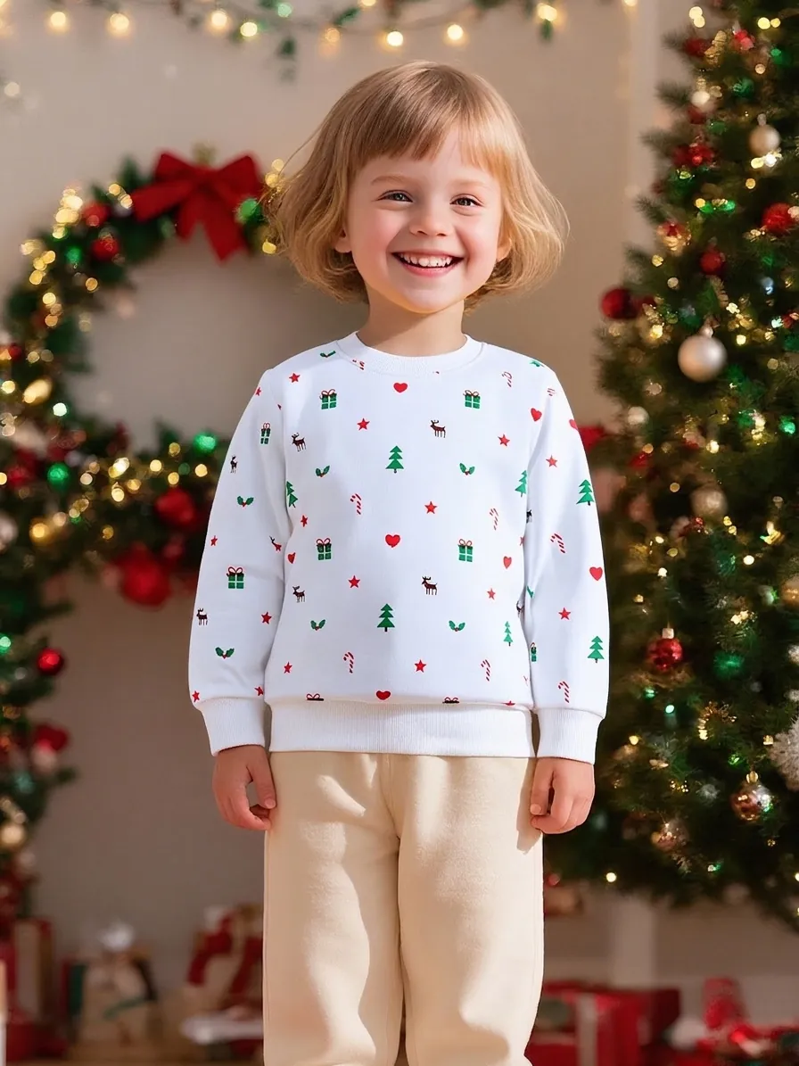 Kids Girls Christmas Cotton Sweatshirt European Style Reindeer Print Round Neck Long Sleeve Pullover Autumn Festival Tops