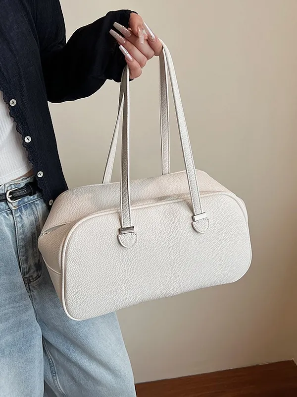 Minimalist PU Leather Lychee Pattern Bowling Bag For Women Large Capacity Underarm Shoulder Bag Double Handles Commute Handbag