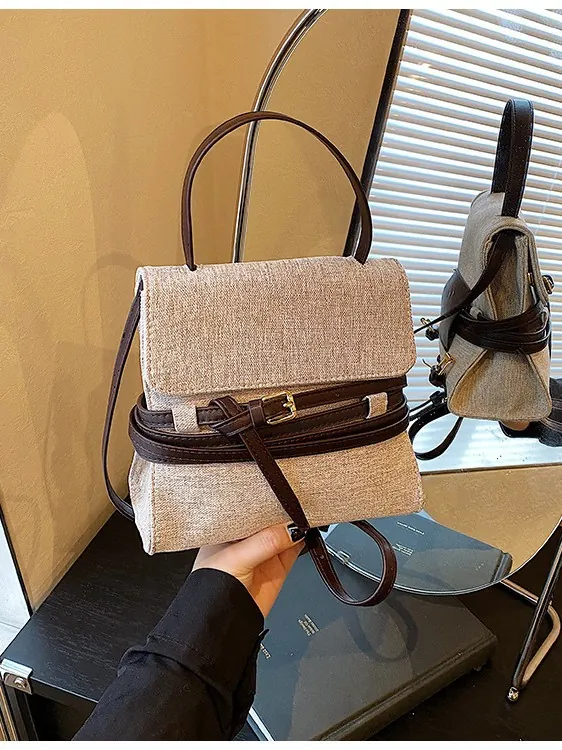 Sac à Dos Femme en Toile Patchwork Cuir PU Rétro Couleur Contrastée Sac en Bandoulière Multifonctionnel Décontracté Sac à Main