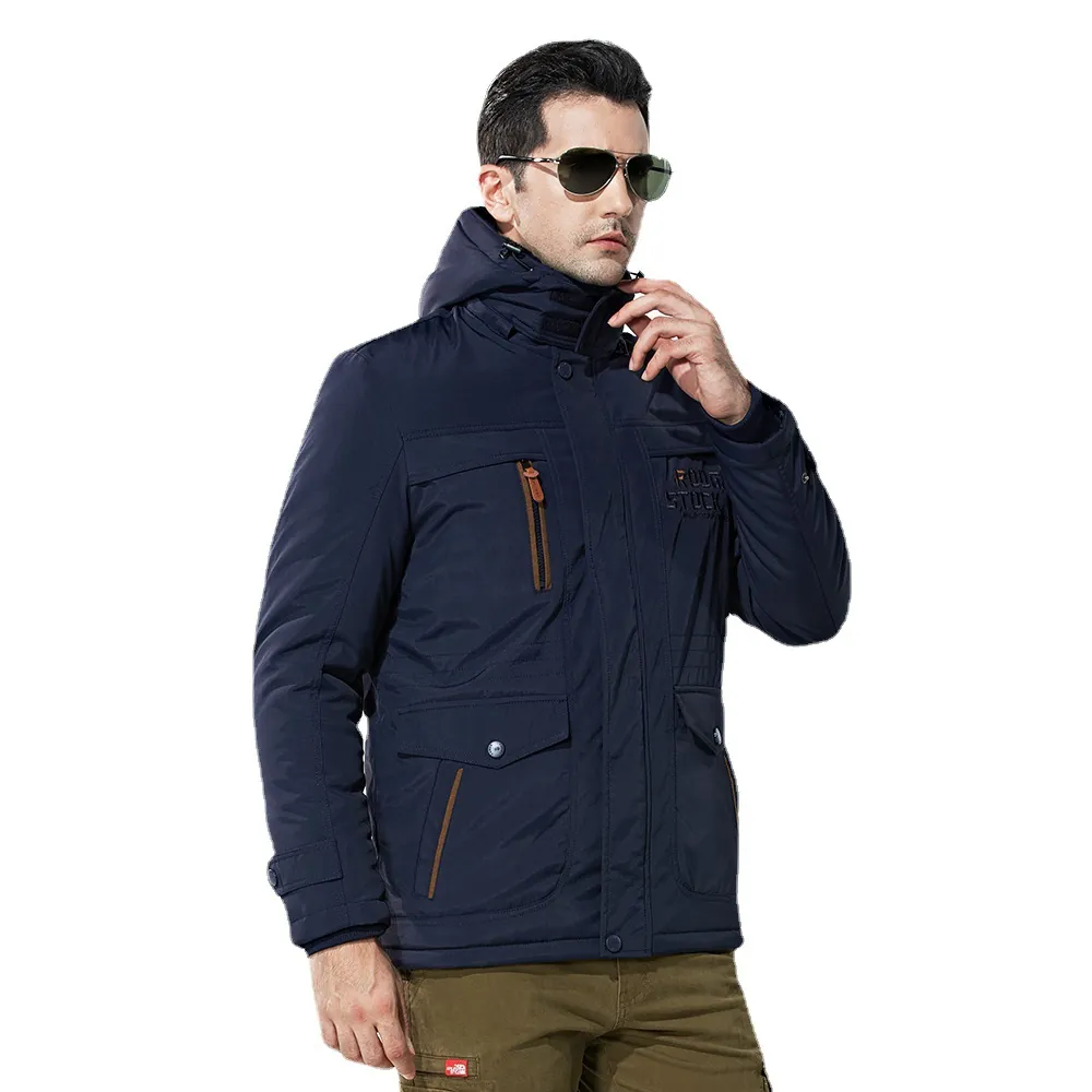 Men Winter Thickened Fleece Padded Jacket Hooded Windproof Parka Cargo Multi Pocket Outdoor Cotton Coat Plus Size Outerwear