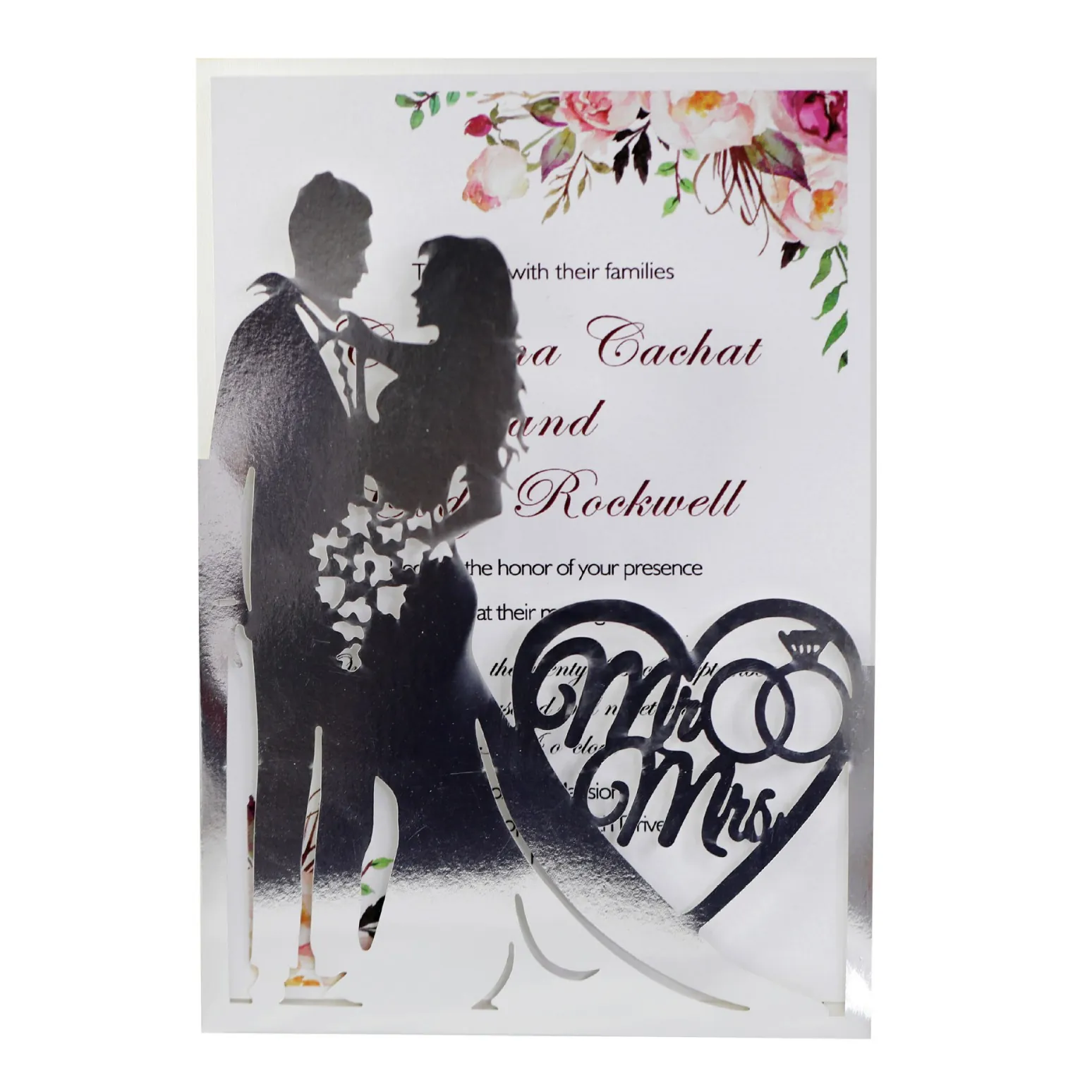 Invito di Nozze Intagliato al Laser Carta Perla Artificialta Riflettente Silhouette Sposi Mr Mrs Copertina Foglio Interno Floreale Busta