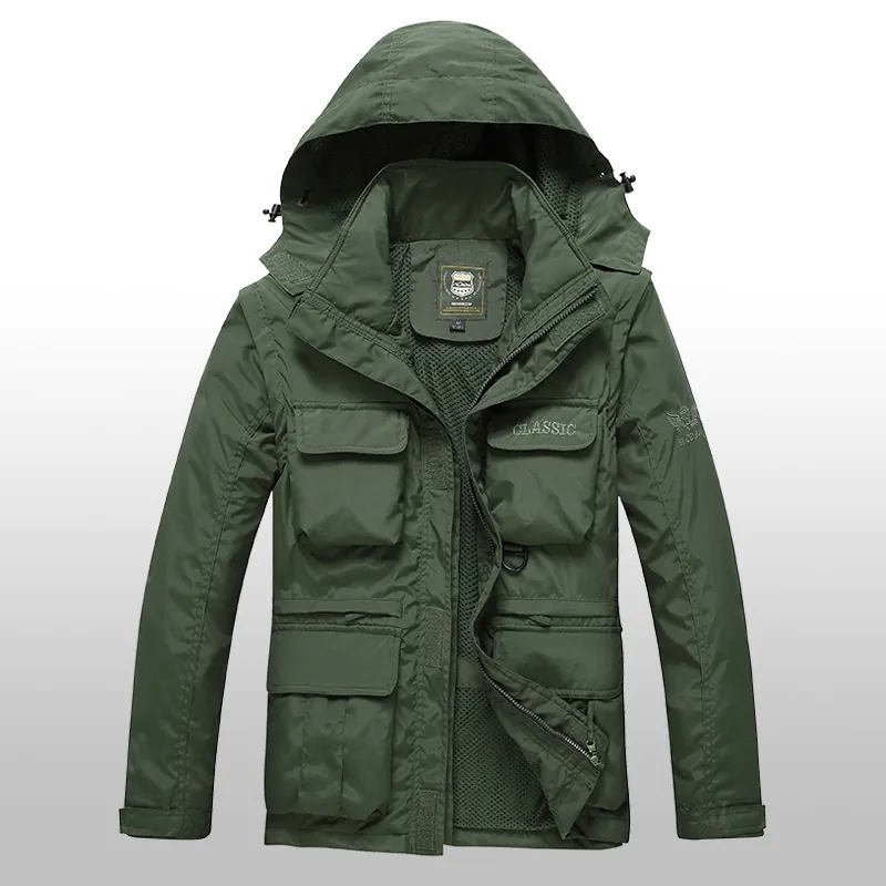 Men Tactical Outdoor Jacket Nylon Waterproof Breathable Detachable Sleeve Hooded Mesh Lining Windproof Functional Utility Coat