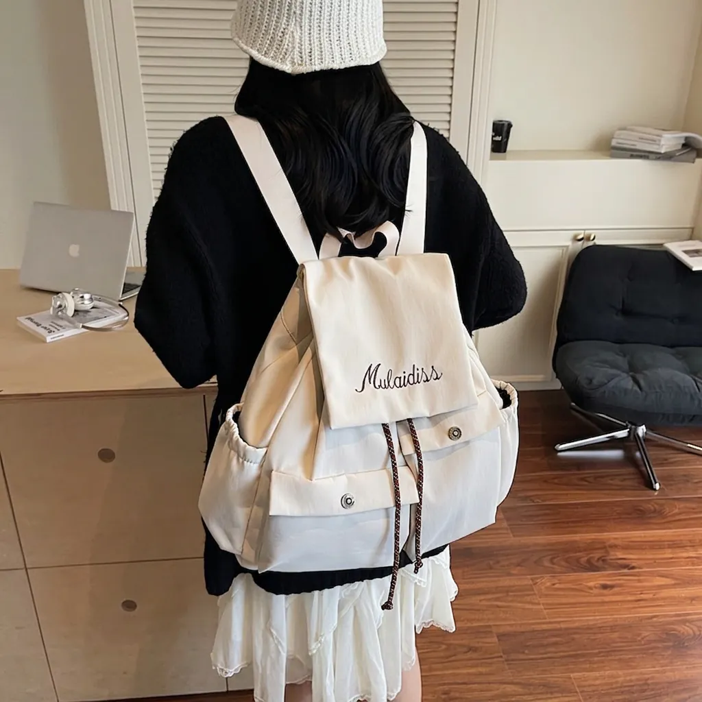 Women Large Capacity Casual Backpack Solid Color Canvas Nylon Travel Bag With Letter Embroidery Drawstring Multi Pocket Backpack