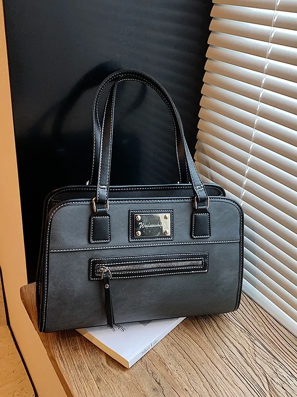 Vintage PU Leather Shoulder Bag For Women Korean Style Contrast Stitching Large Capacity Tote Handbag Commuter Office Bag