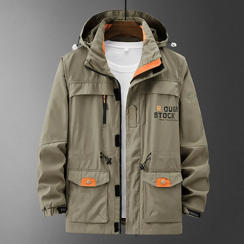 Men's Outdoor Cargo Hooded Jacket Windbreaker Contrast Lining Multi-pocket Casual Loose Autumn Lightweight Coat Workwear Top