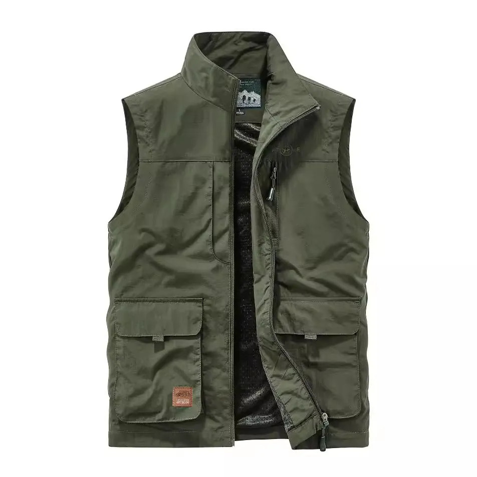 Men's Outdoor Multi-Pocket Cargo Vest Lightweight Breathable Stand Collar Zipper Vest For Fishing Photography Travel Hiking