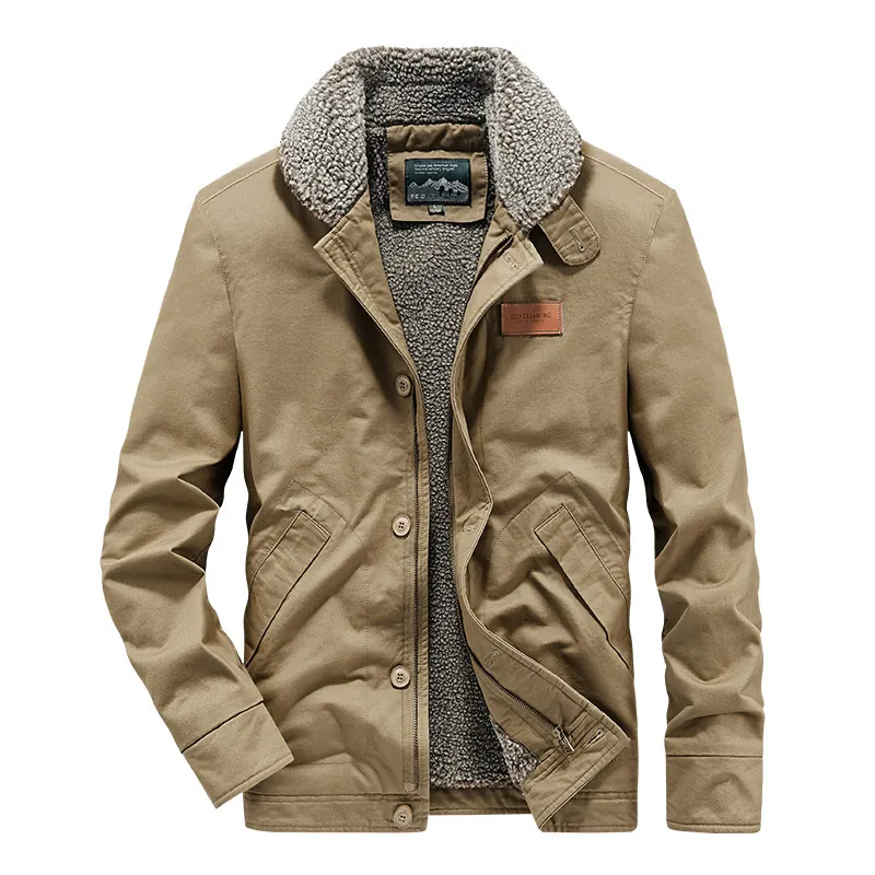 Veste en Toile de Coton Lourde pour Hommes Hiver Rétro Doublée en Polaire Manteau de Travail Chaud Col en Laine d'Agneau Multi-poches