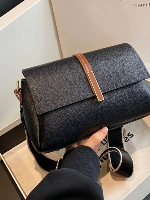 Women Litchi Pattern PU Leather Small Square Crossbody Bag With Wide Strap Gold Hardware Flip Lock Shoulder Bag Fashion