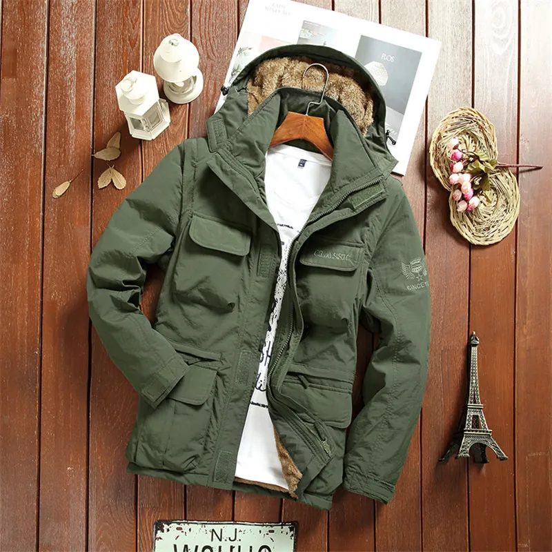 Men's Outdoor Hooded Jacket Casual Fleece Lined Multi-Pocket Winter Coat Embroidered Windproof Outerwear For Men