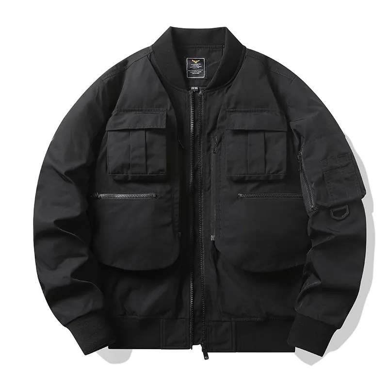 Men's Retro Multi Pocket Bomber Jacket Waterproof Windproof Workwear Polyester Flight Jacket Tactical Outwear Coat