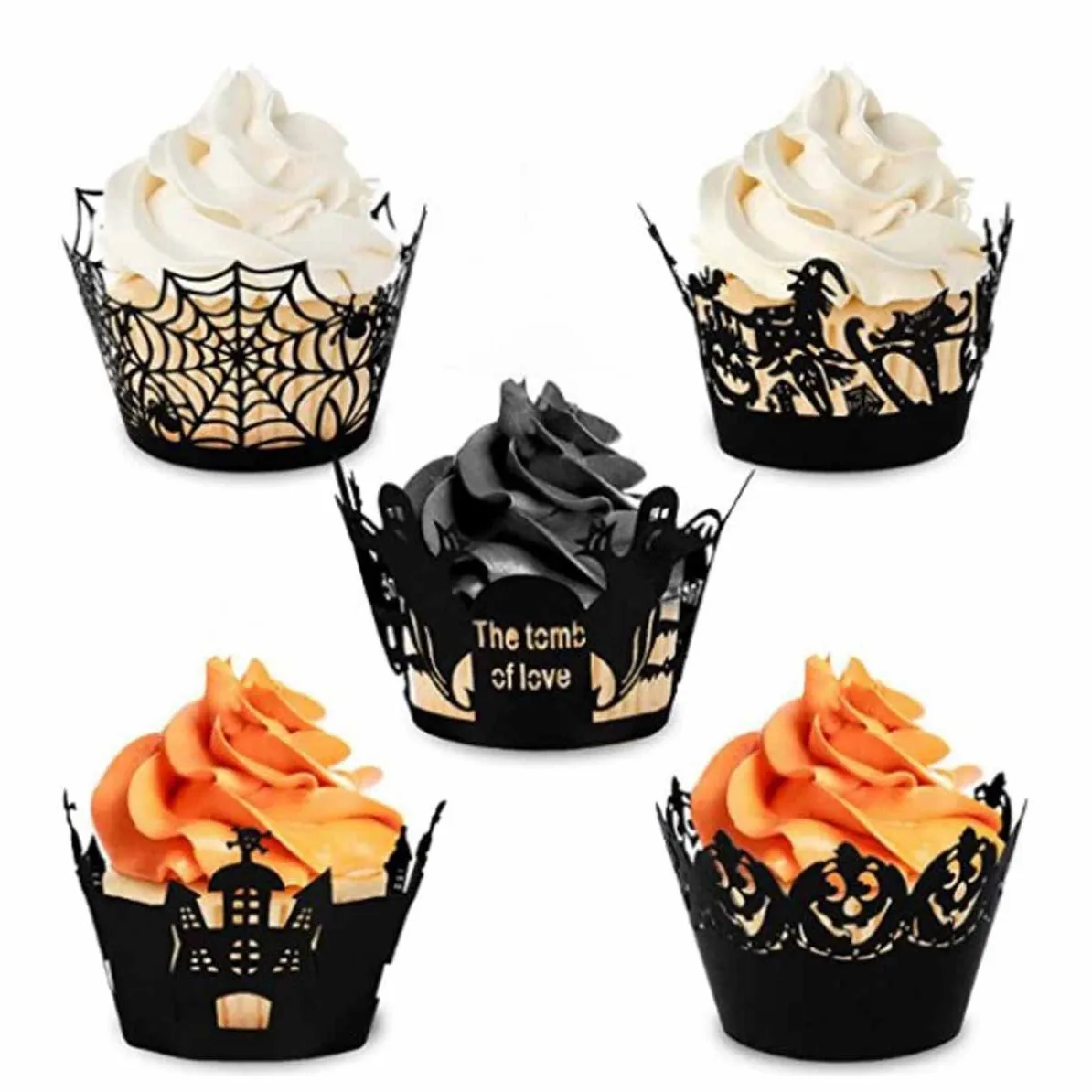 Halloween Cupcake Wrappers Black Laser Cut Paperboard Cake Liners Spider Web Pumpkin Castle Decor For Holiday Party Baking