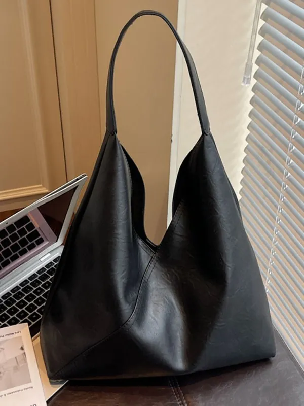 Women Large Capacity PU Leather Tote Bag Minimalist Hobo Shoulder Bag With Inner Pouch Vintage Casual Commute Handbag