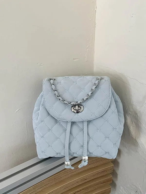 Mini Zaino Trapuntato Donna Moda Pelle PU Motivo Rombi Tracolla Catena Perla Artificial Coulisse Chiusura Girevole Chic Borsa