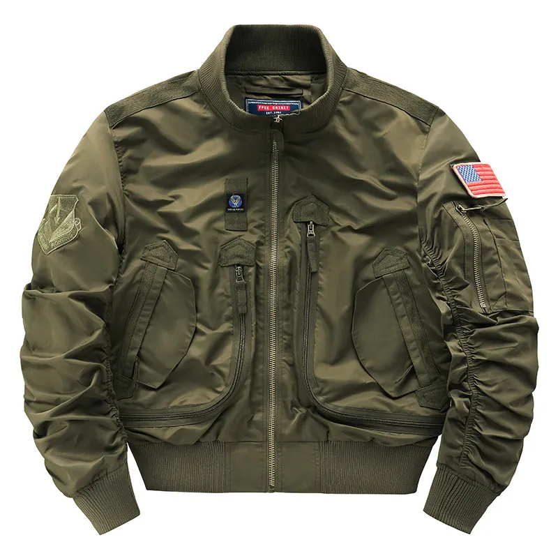 Men's Vintage Military MA-1 Bomber Jacket Windproof Nylon Multi-Pocket Tactical Flight Coat With Patches Outwear