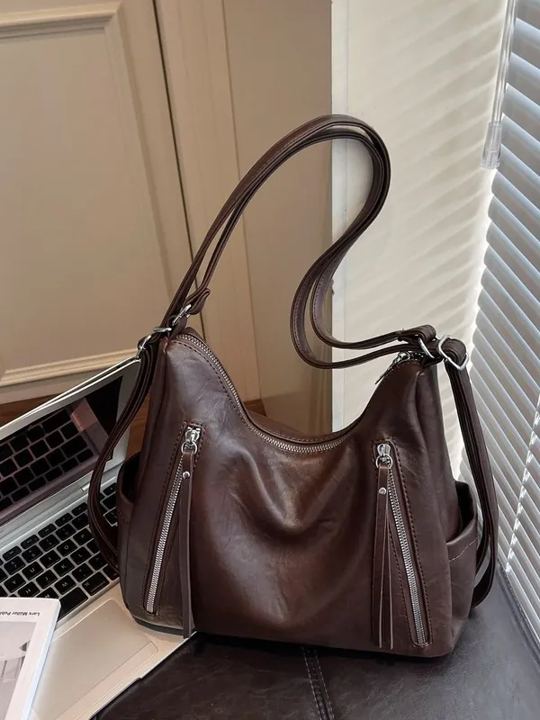 Women Vintage Large Capacity Tote Bag Soft PU Leather Shoulder Bag Retro Commuting Handbag With Tassel Zipper Pocket Office Bag
