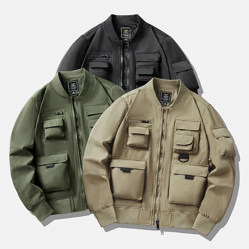 Mens Tactical Utility Bomber Jacket Multi-Pocket Military Cargo Outerwear Casual Windproof Loose Fit Polyester Coat