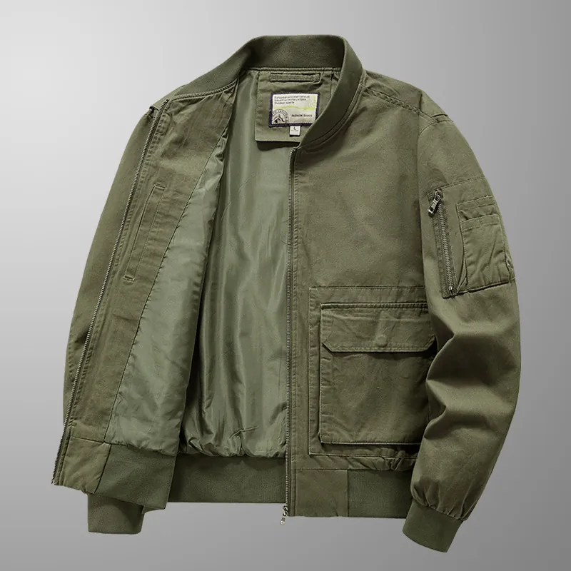 Men's Cotton Bomber Jacket Washed Canvas Multi-Pocket Military Workwear Casual Loose Stand Collar Outerwear For Men