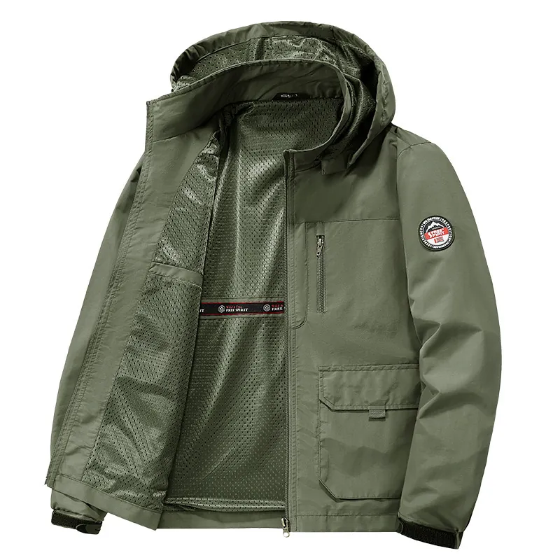 Men's Outdoor Hooded Jacket Windproof Multi-Pocket Casual Cargo Coat With Breathable Mesh Lining For Spring Autumn Fashion