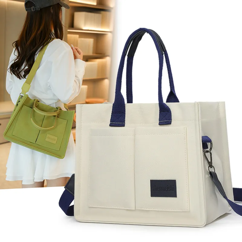 Grand Sac Fourre-tout en Toile pour Femmes Sac à Bandoulière Multi-Poches Avec Large Bandoulière Sac à Main Shopper pour Voyage Quotidien
