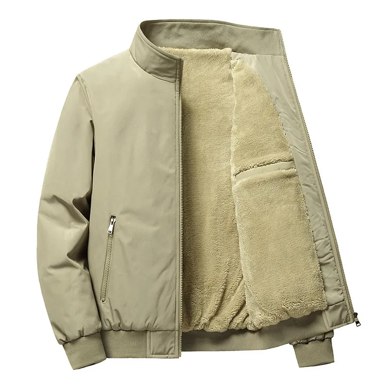 Men's Winter Fleece Lined Jacket Warm Bomber Coat Stand Collar Casual Outwear Cotton Blend Windproof Jacket Plus Size