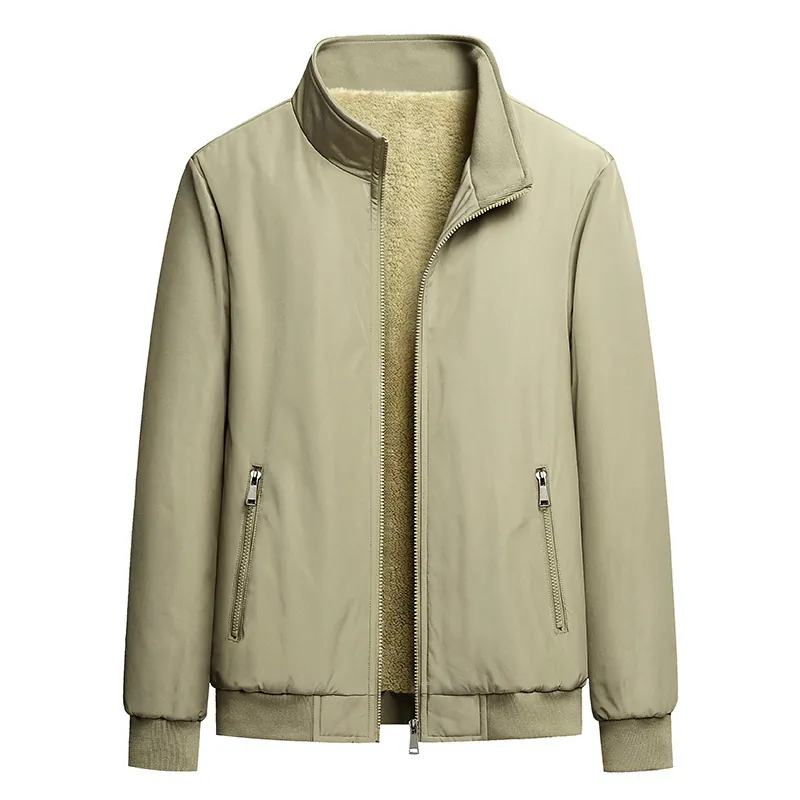 Men Winter Fleece Lined Thick Jacket Stand Collar Windproof Warm Casual Outerwear Zip Up Jacket For Men Polyester Coat