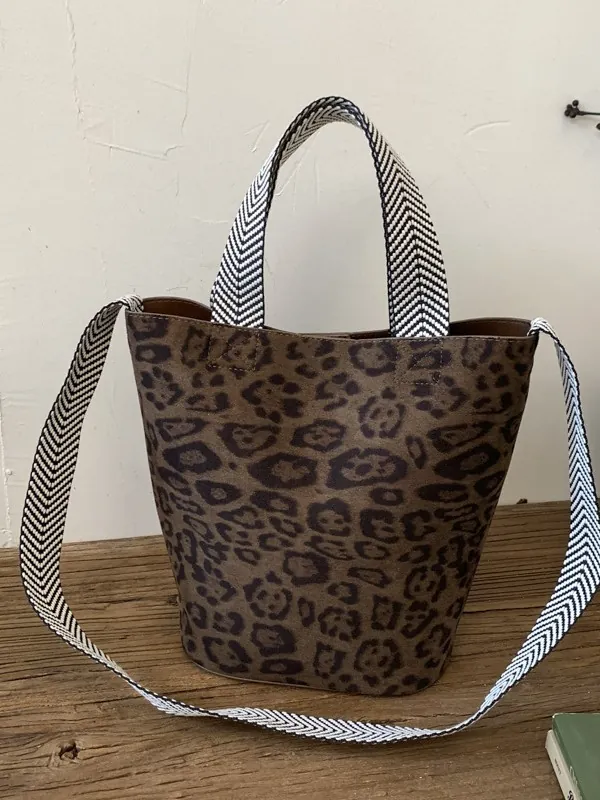 Vintage Retro Leopard Print Suede-Look Bucket Bag For Women Fashionable Woven Strap Shoulder Crossbody Handbag Commuting Versatile