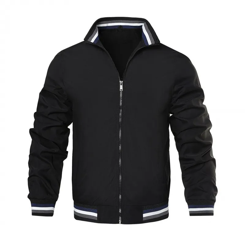 Men Casual Bomber Jacket Solid Color Stand Collar Windbreaker Zip Up Coach Jacket With Striped Ribbed Cuffs Outerwear