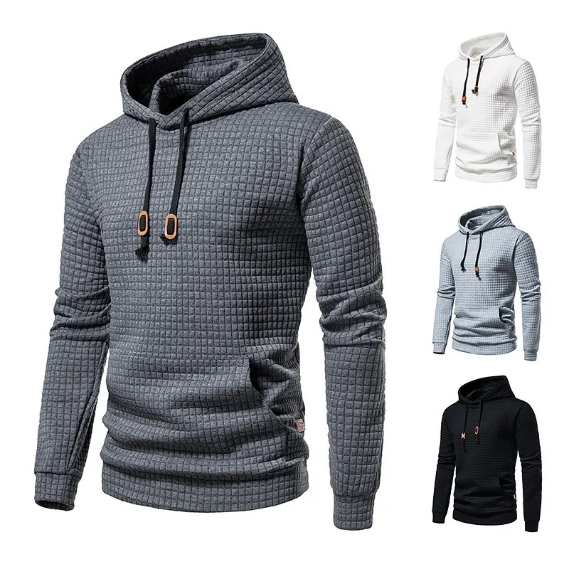 Men's Casual Pullover Hooded Sweatshirt Polyester Waffle Texture Plaid Jacquard Long Sleeve Sports Hoodie
