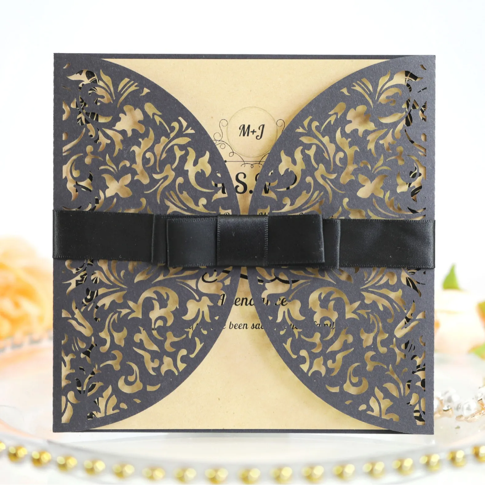 Laser Cut Wedding Invitation Card Floral Hollow Patterns Satin Ribbon Bow Pearlescent Paper Elegant Invite With Envelopes