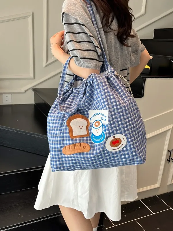 Large Capacity Cute Cartoon Embroidered Oxford Cloth Plaid Tote Bag Casual Versatile Drawstring Shoulder Bag For Student Women
