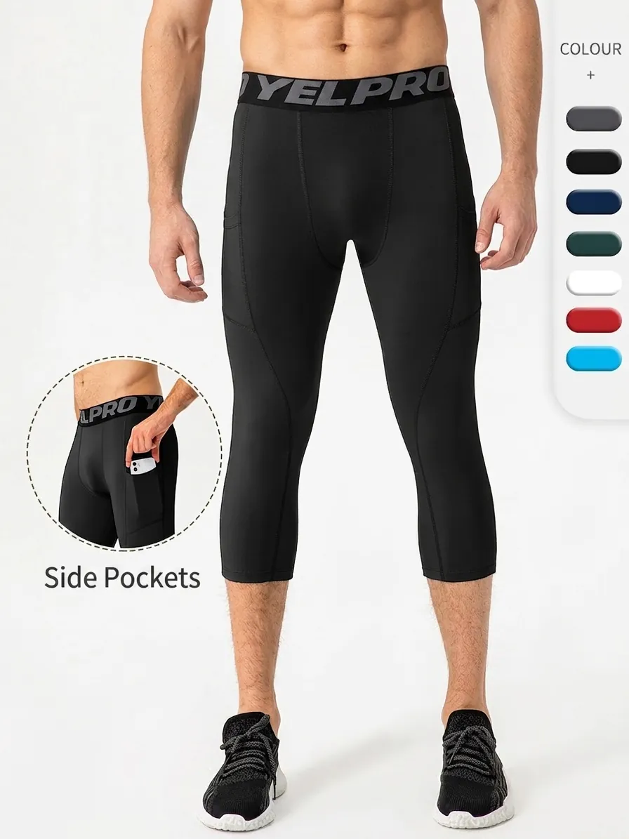 Men's Compression Running Tights High Elasticity Quick Dry Sport Capri Pants With Side Pockets For Fitness Gym Training