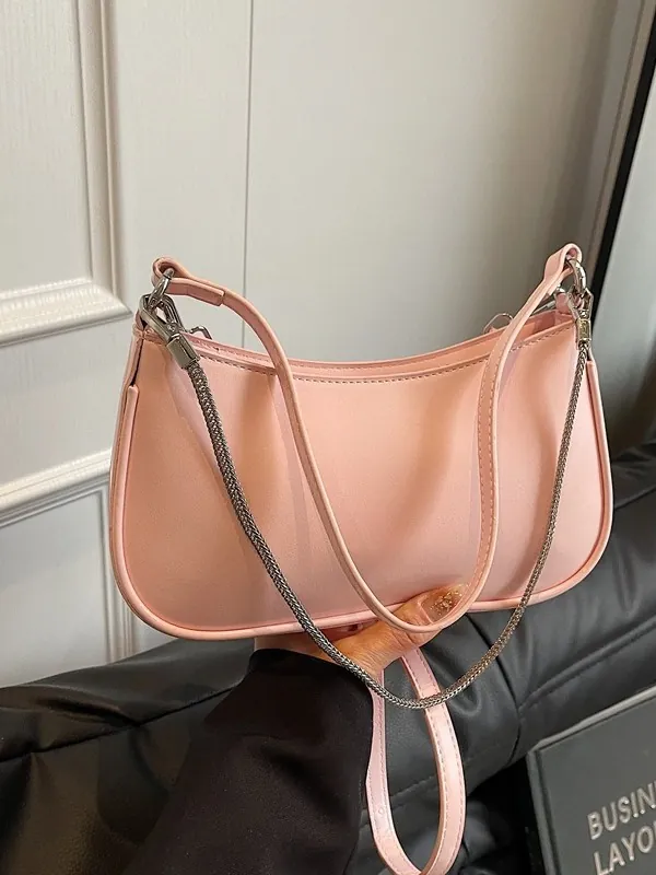 Solid Color PU Leather Baguette Bag For Women Minimalist Crossbody Underarm Bag With Chain Decoration Chic Daily Shoulder Bag