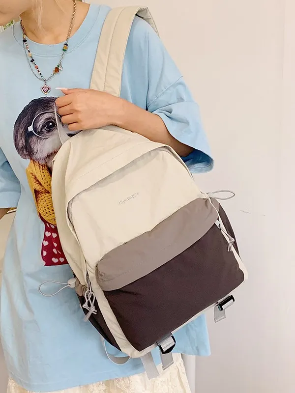 Women Casual Nylon Backpack Color Block Large Capacity Travel Bag Schoolbag For Teenagers Lightweight Daypack