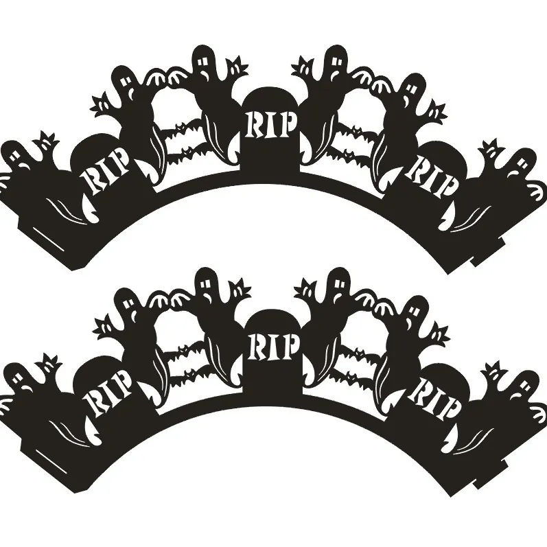Halloween Cupcake Wrappers Pearlescent Paper Laser Cut Ghost Bat Tombstone RIP Decorative Cake Liners For Party