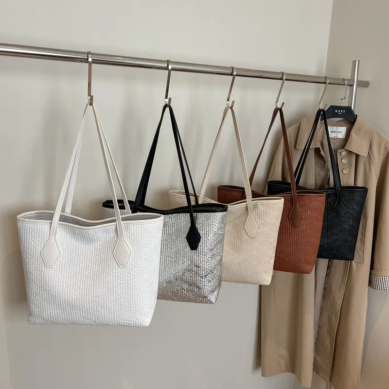 Grand Sac Cabas Femme Capacité Élevée Cuir PU Minimaliste Texture Verticale Gauffrée Sac à Épaule Pour Travail