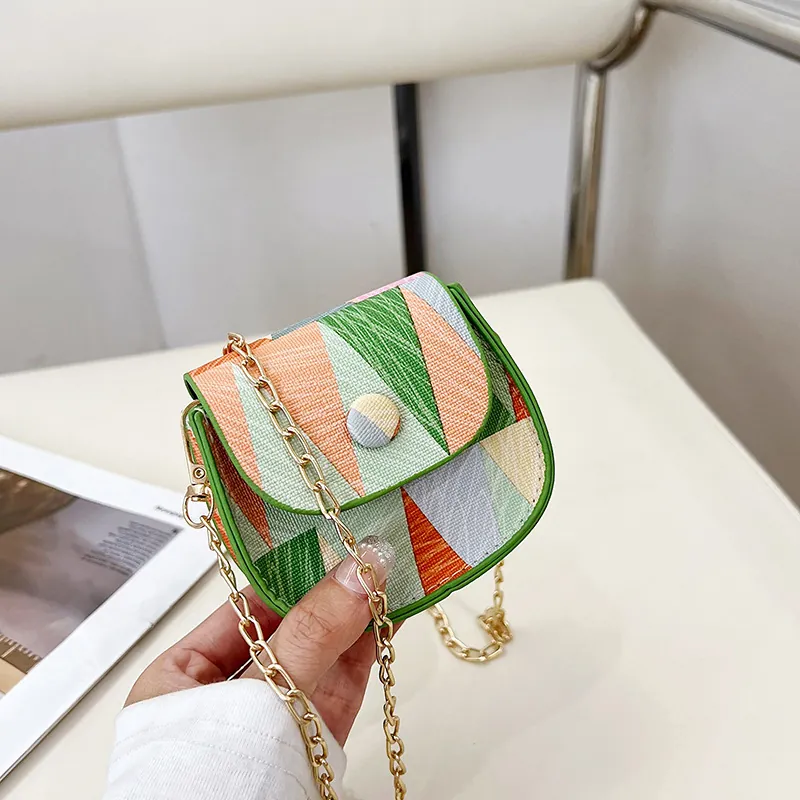 Mini Geometric Patchwork Chain Crossbody Bag For Women Trendy Contrast Color PU Leather Shoulder Small Square Bag Gift