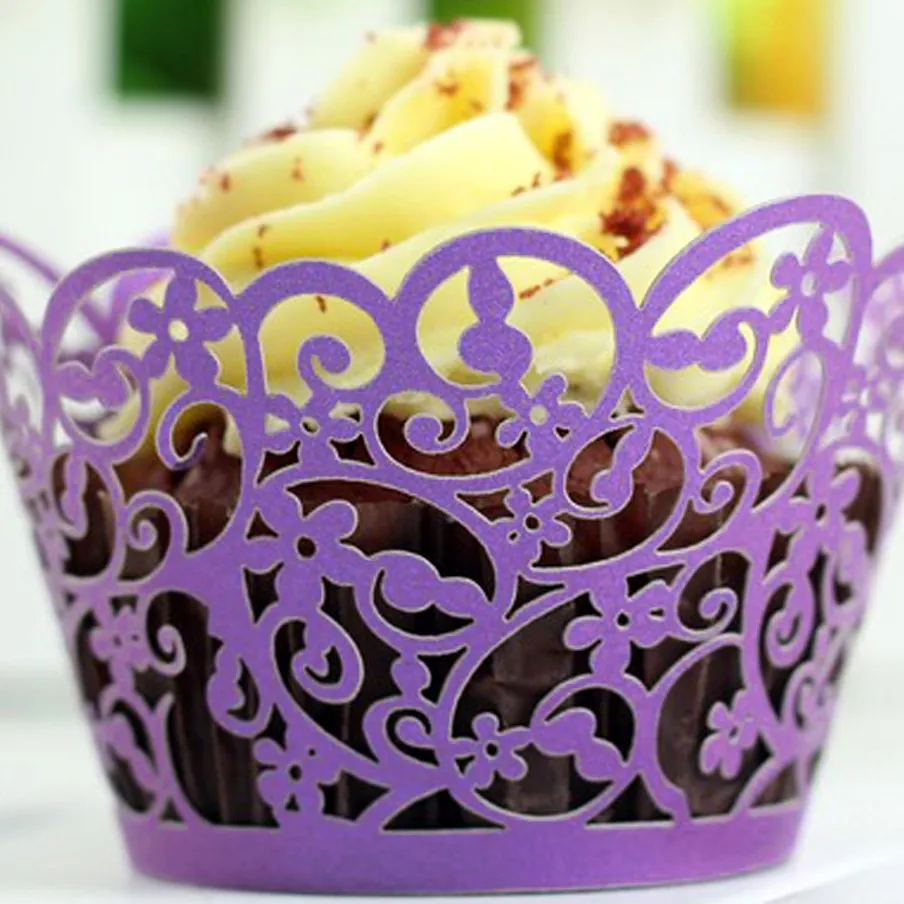 Elegante Laser-Schnitt Cupcake-Manschetten Perlmuttpapier Blumenranke Spitze Muffin-Hüllen Für Hochzeit Geburtstag Party Tortendeko