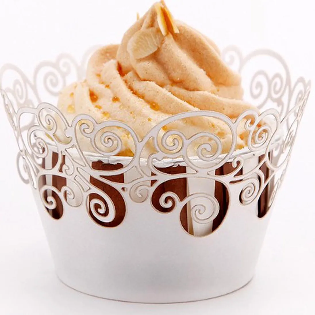 Laser Cut Filigree Cupcake Wrappers Pearlescent Paper Hollow Scrollwork Cake Decor For Wedding Birthday Party Decoration