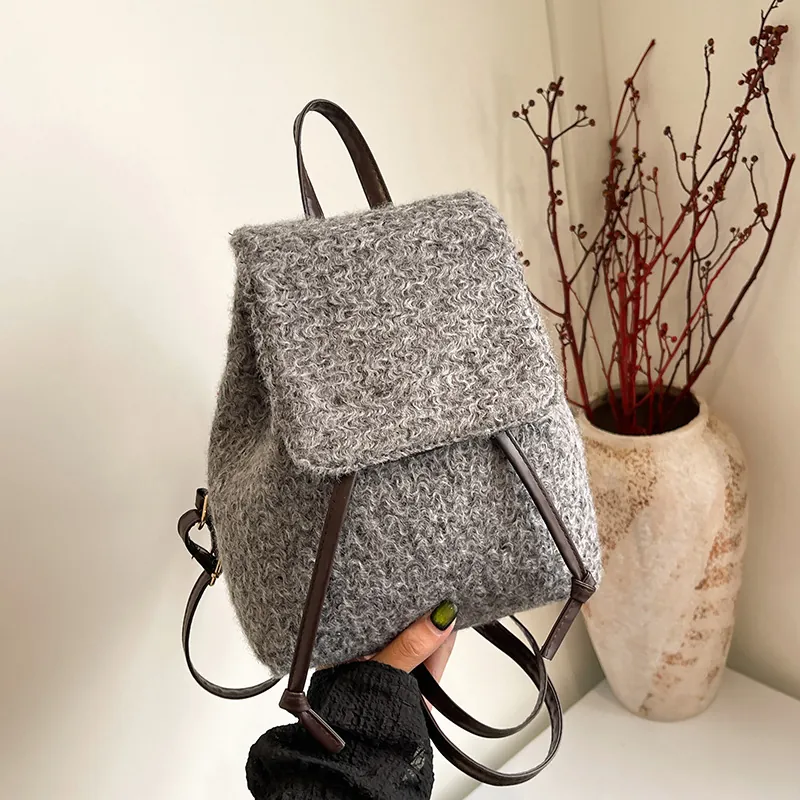 Women Fashion PU Leather Woolen Texture Backpack Urban Minimalist Large Capacity Flap Backpack Daily Casual Lightweight Daypack